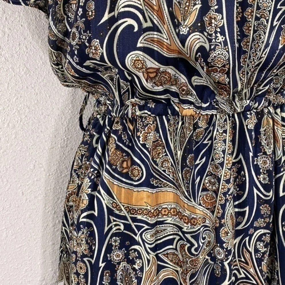 Lulu’s Always Right Navy Blue Multi Print Off-The-Shoulder Dress Small AD5